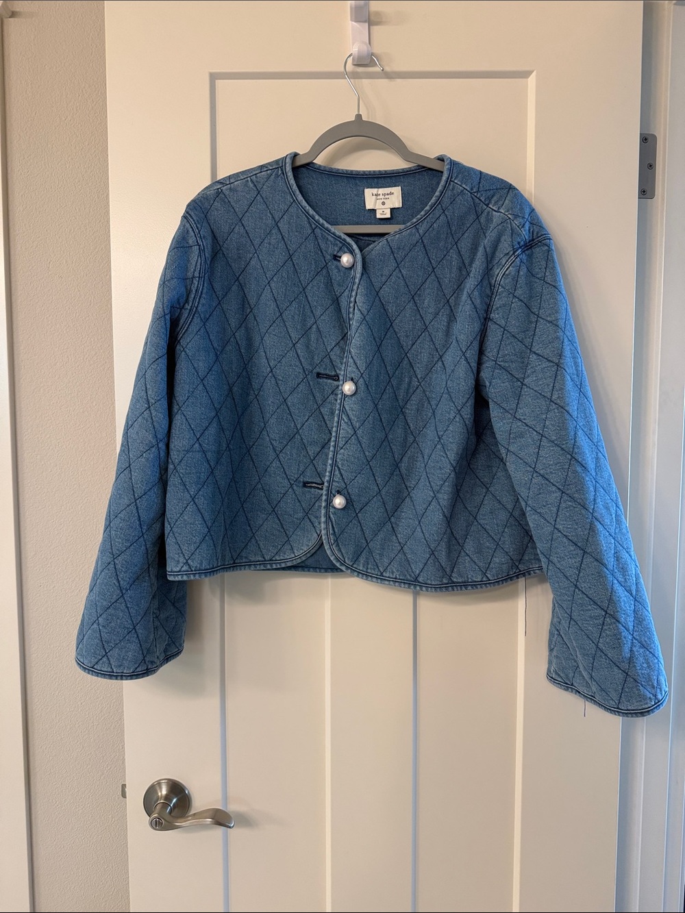 kate spade Quilted Light Blue Denim Crop Jacket with Pearl Snaps